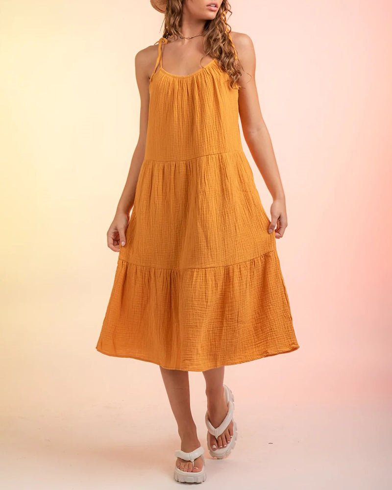 Lace-up Sling Dress Candy Color Stitching Solid Color Midi Dress - Yellow S