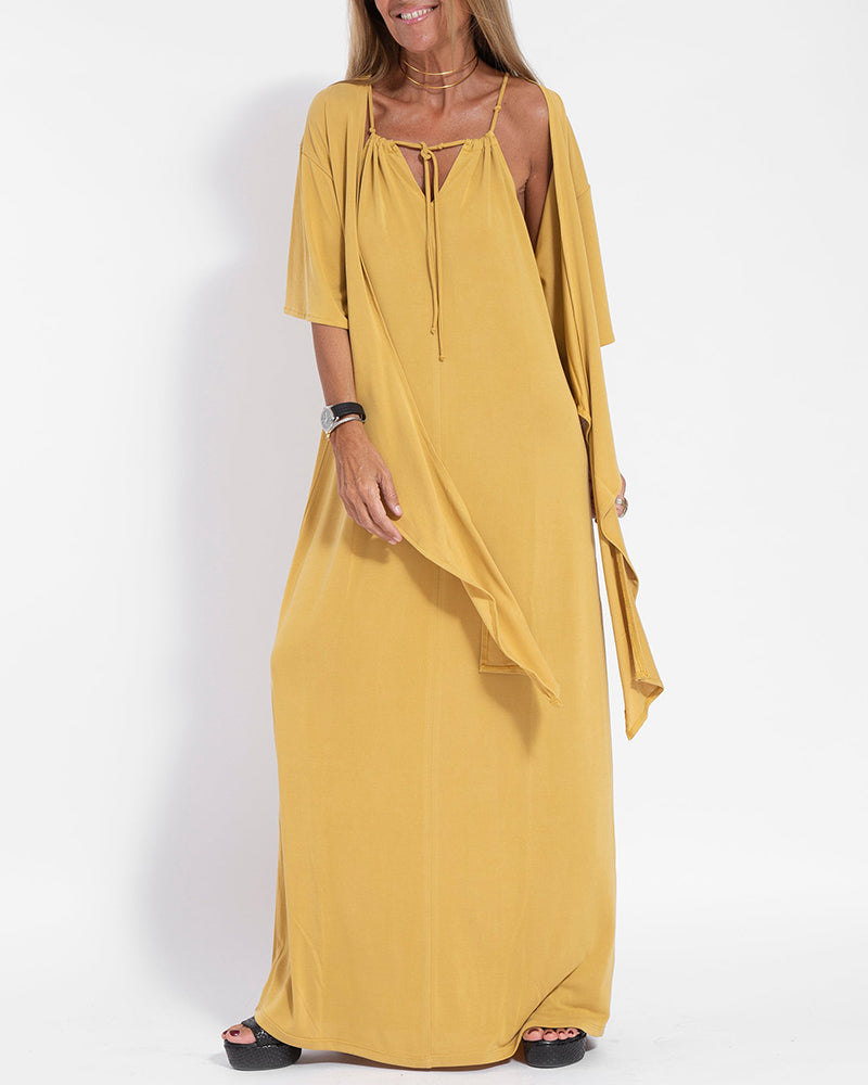 Two-piece Halterneck Tie Sleeveless Long Dress and Irregular Cardigan Set - Yellow M