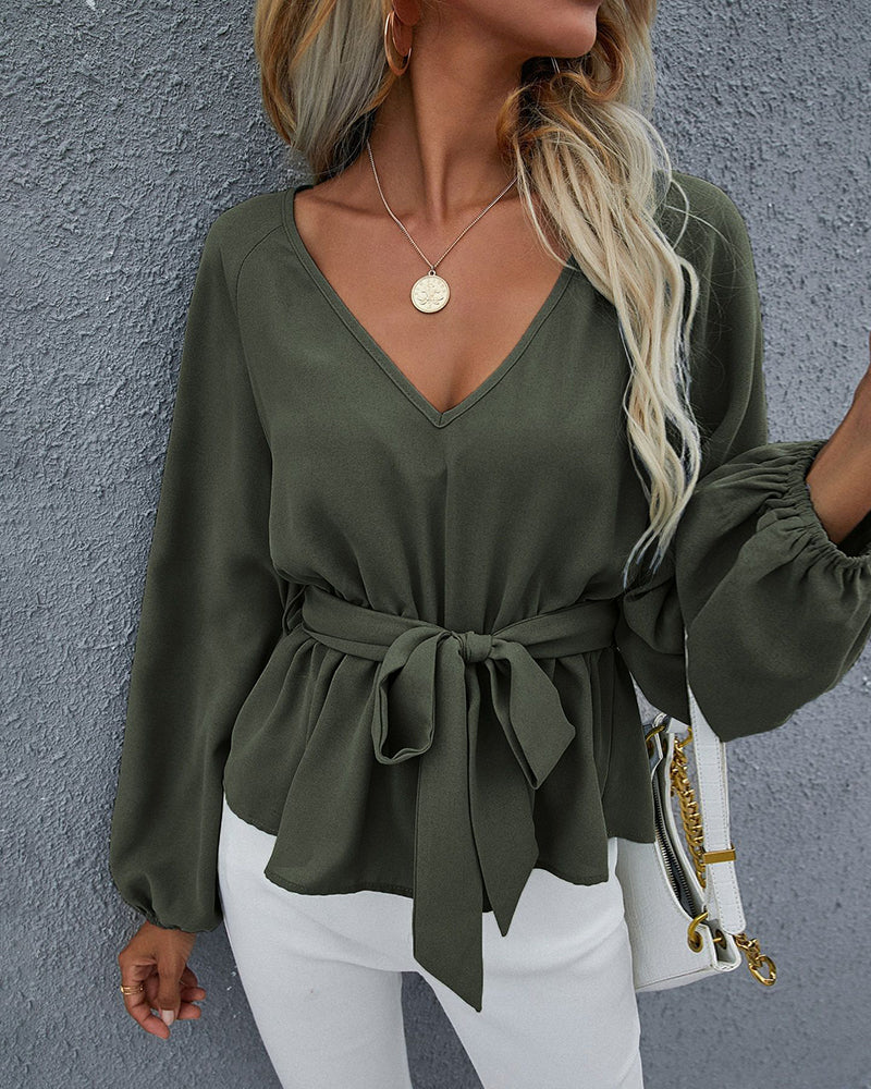 Zeagoo V Neck Leisure Long Lantern Sleeve Belt Solid Shirt Tops - Army Green M