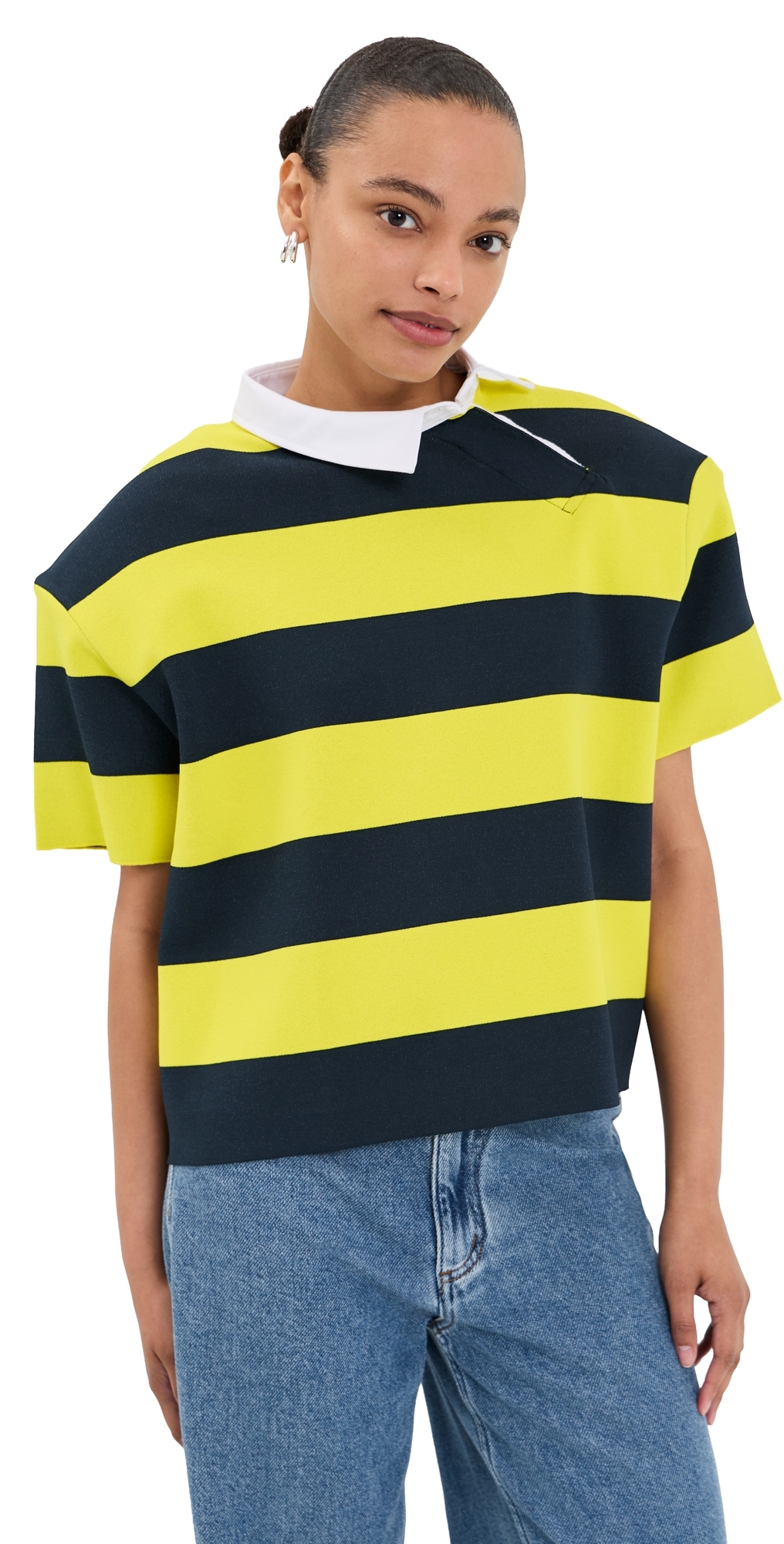 A. W.A. K.E. MODE Knitted Rugby Top YellowNavy Striped