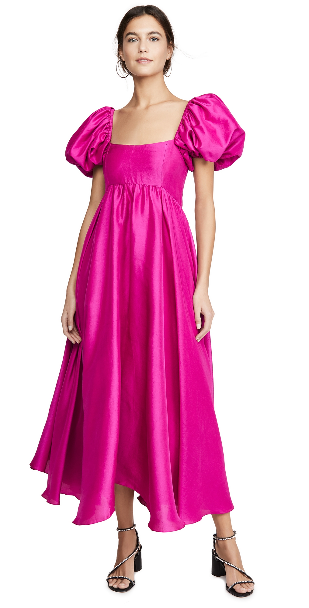 Azeeza Rory Puff Sleeve Silk Dress Magenta