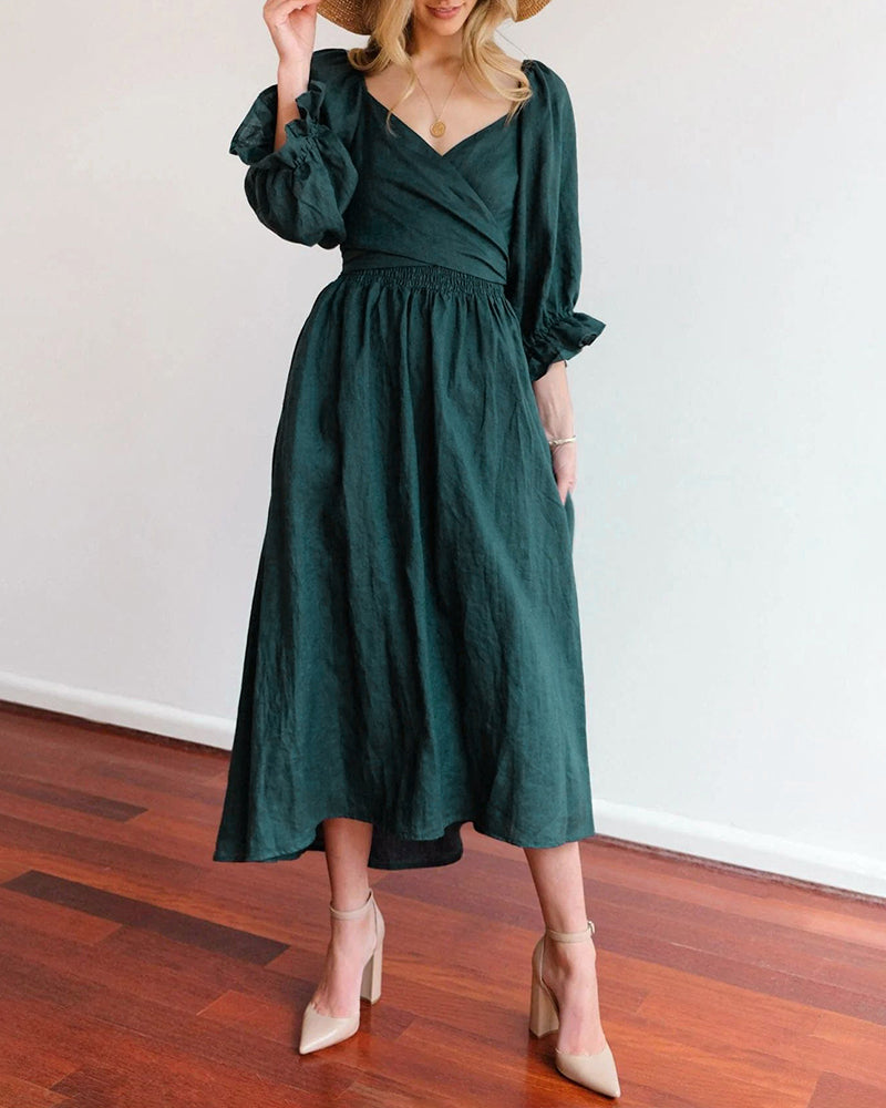 Rope Belt Ruffle Balloon Sleeve Dress Multi-Wear Elegant Midi Dress - Dark Green M