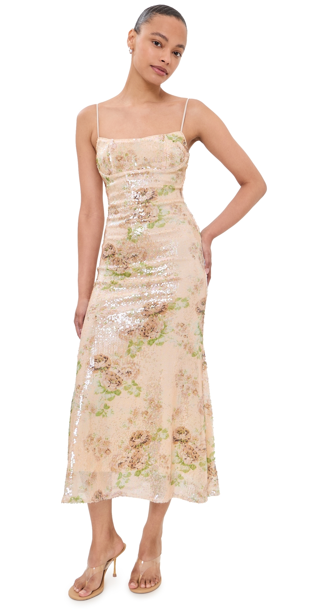 BARDOT Adoni Sequin Mesh Midi Dress Beige Fl
