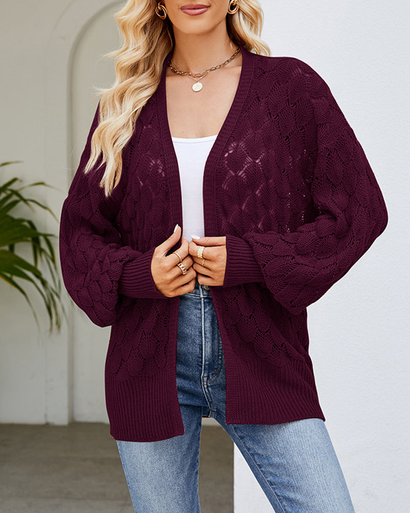 Solid Color Hollowed Out Knitted Cardigan Loose V-Neck Long Sleeved Cardigan Top - Wine Red