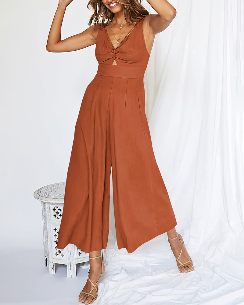 Zeagoo Women's Casual Sleeveless Hollows High Waist Bodysuit Spaghetti Strap Loose Jumpsuit Overalls - Caramel S