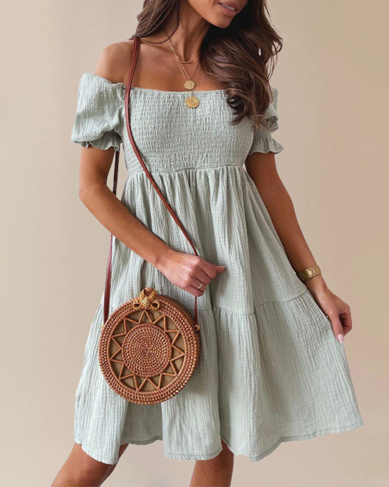 Off Shoulder Summer Casual Dresses Solid Loose Fit Short Flowy Pleated Dress Swing Beach Sundress - Green