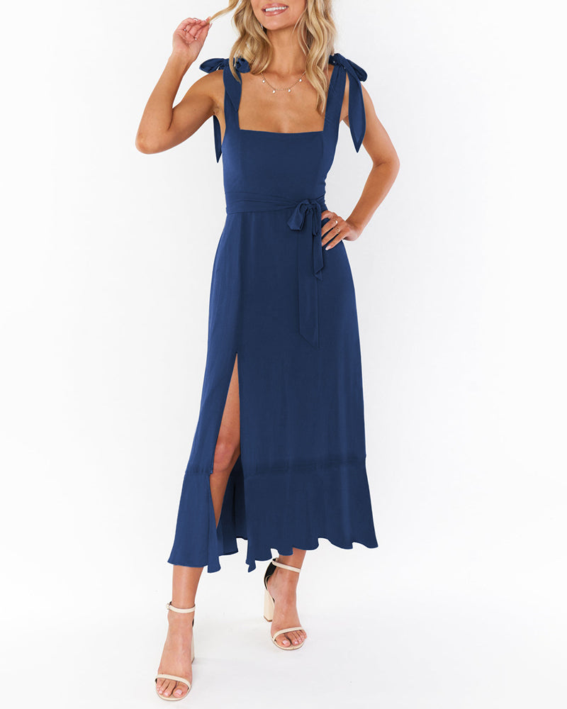 Tie-straps Ruffled Square Collar Sleeveless Slit Mid-length Dress - Blue M