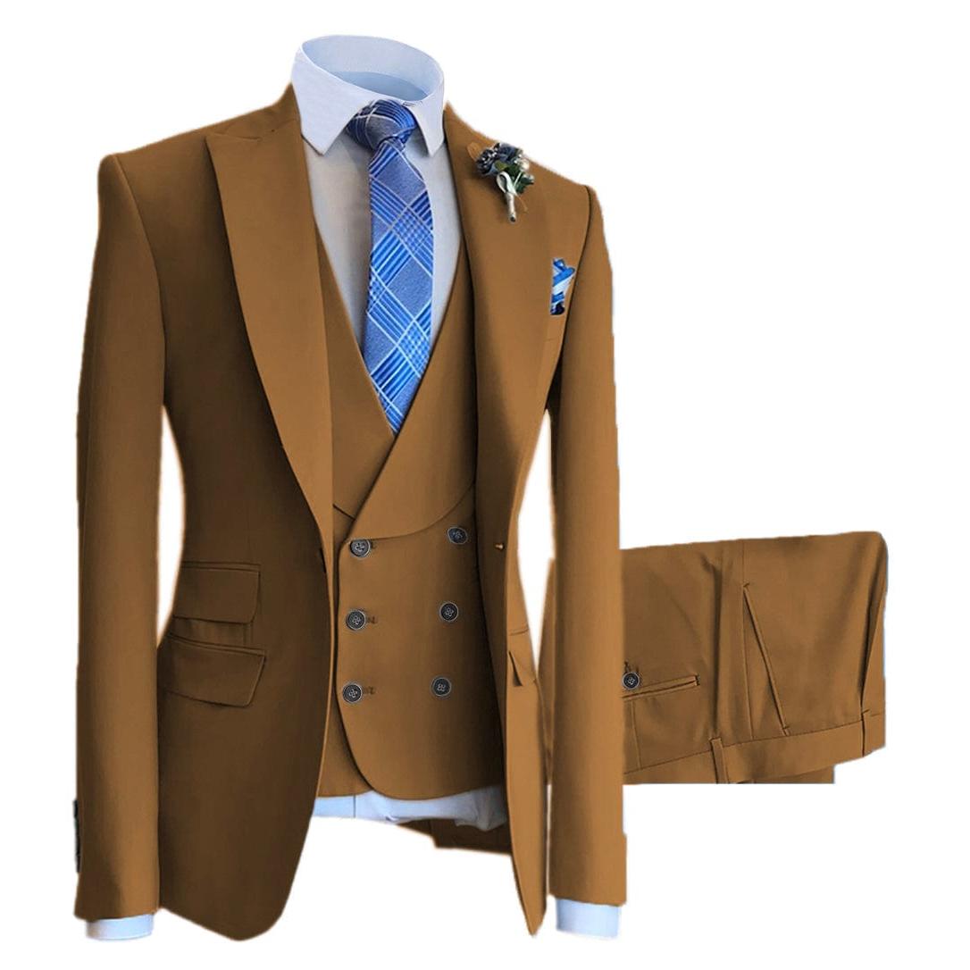 Ceehuteey Pieces Mens Suit Design Peak Lapel Suits Blazer+Vest+Pants - Brown R
