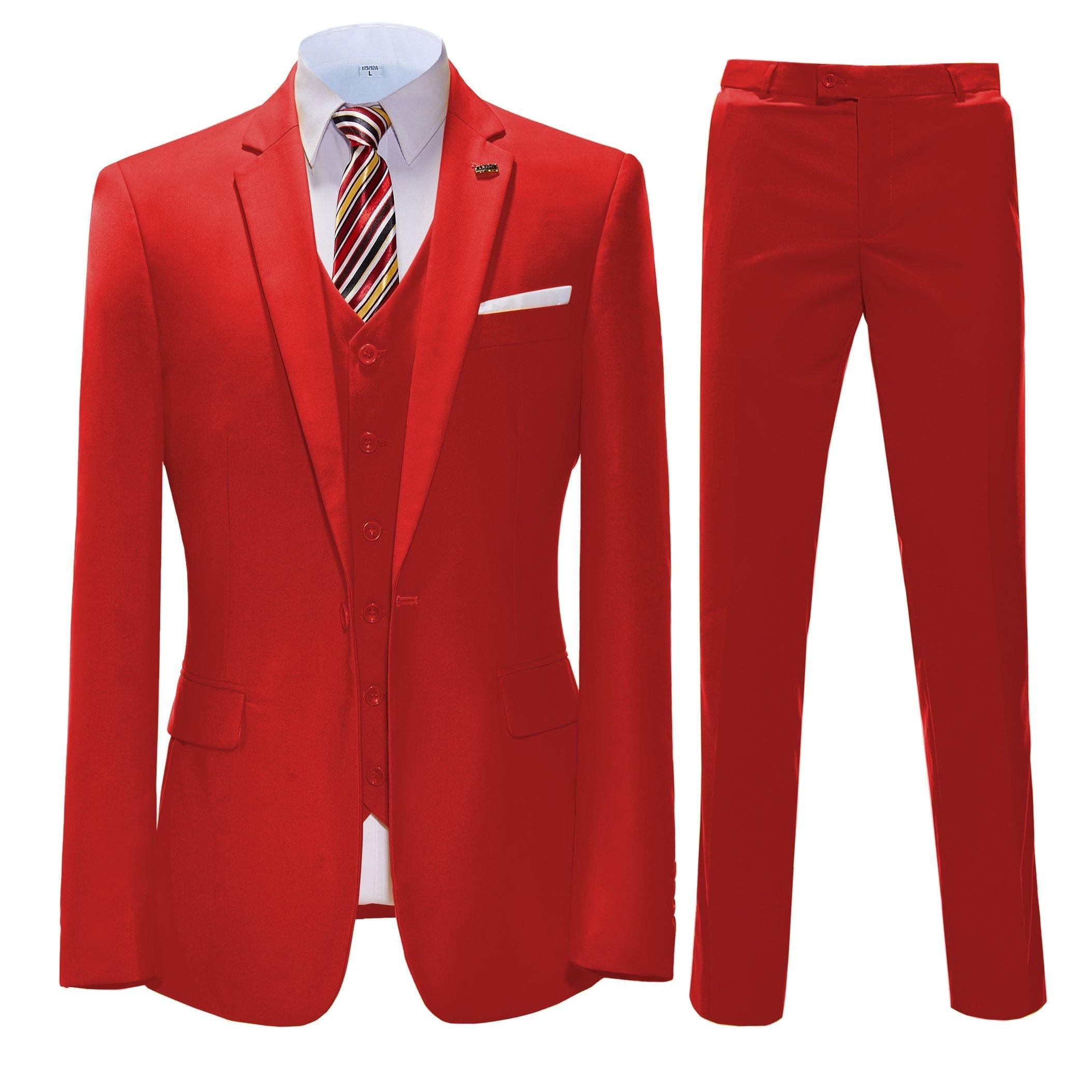 Ceehuteey Pieces Mens Suit Flat Notch Lapel Suits Blazer+Vest+Pants - Red R