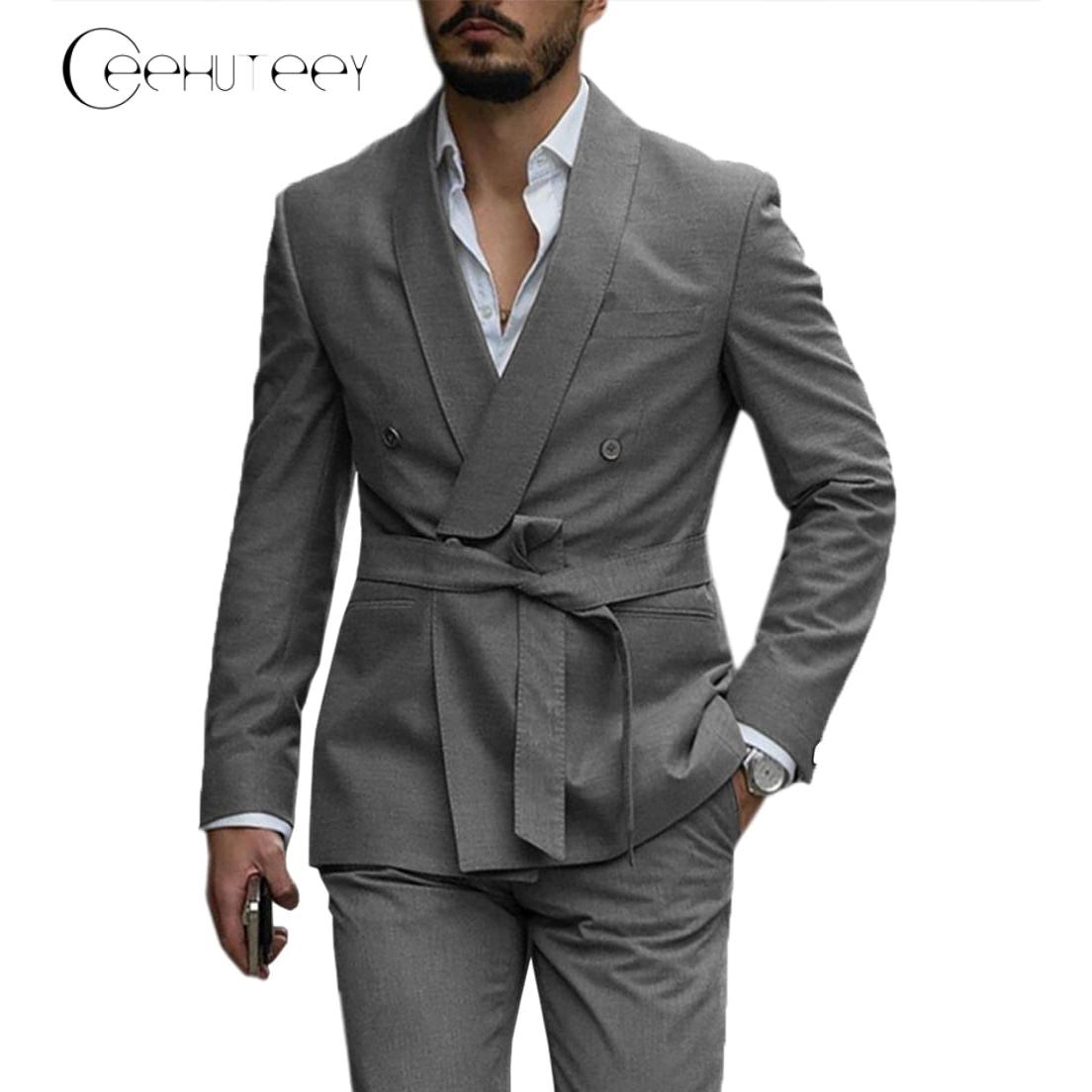 Ceehuteey Mens Suit Double Breasted Shawl Lapel Pieces Blazer+Pants - Grey R
