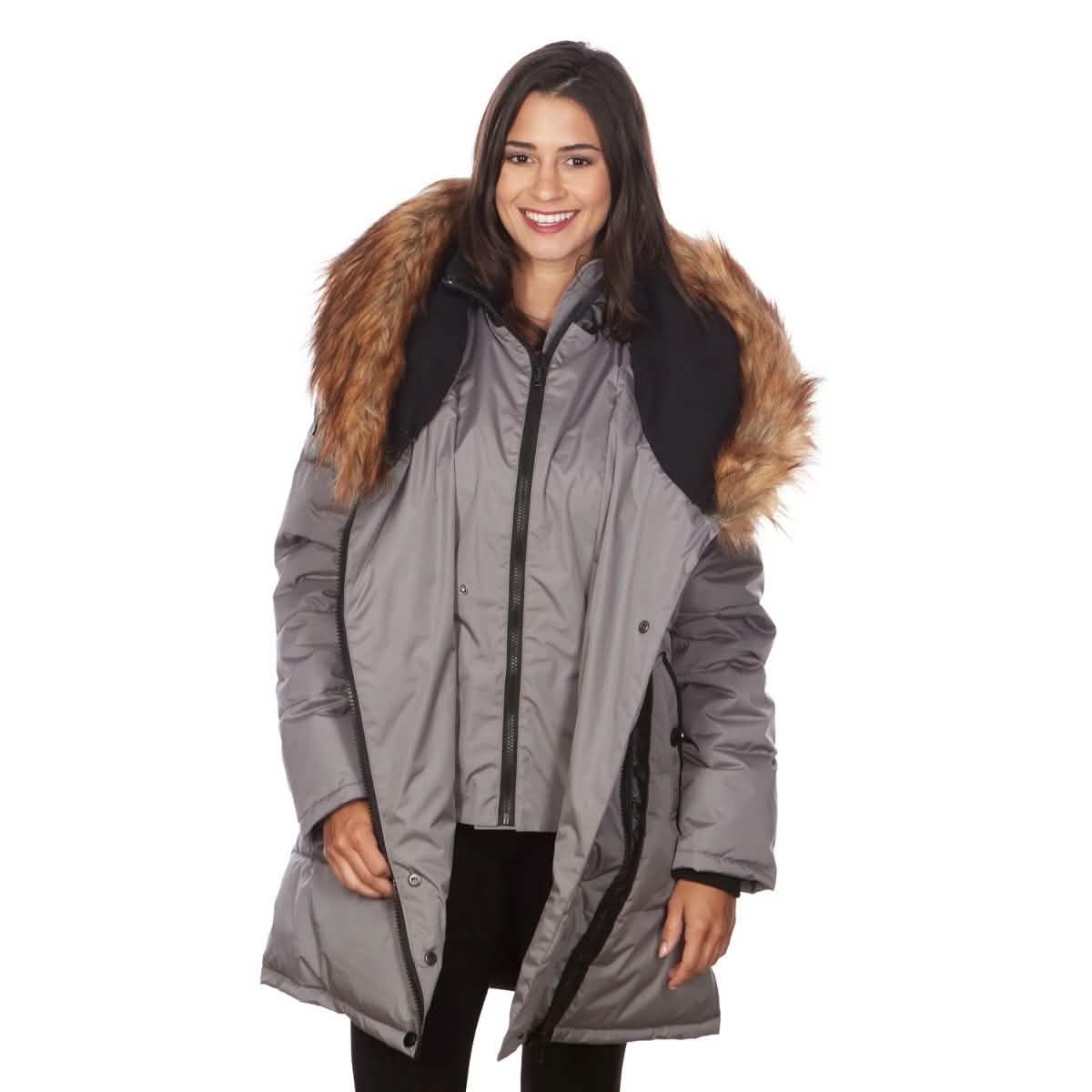 Celsius Women's Faux Fur Hooded Biker Style Puffy Coat - L Gray