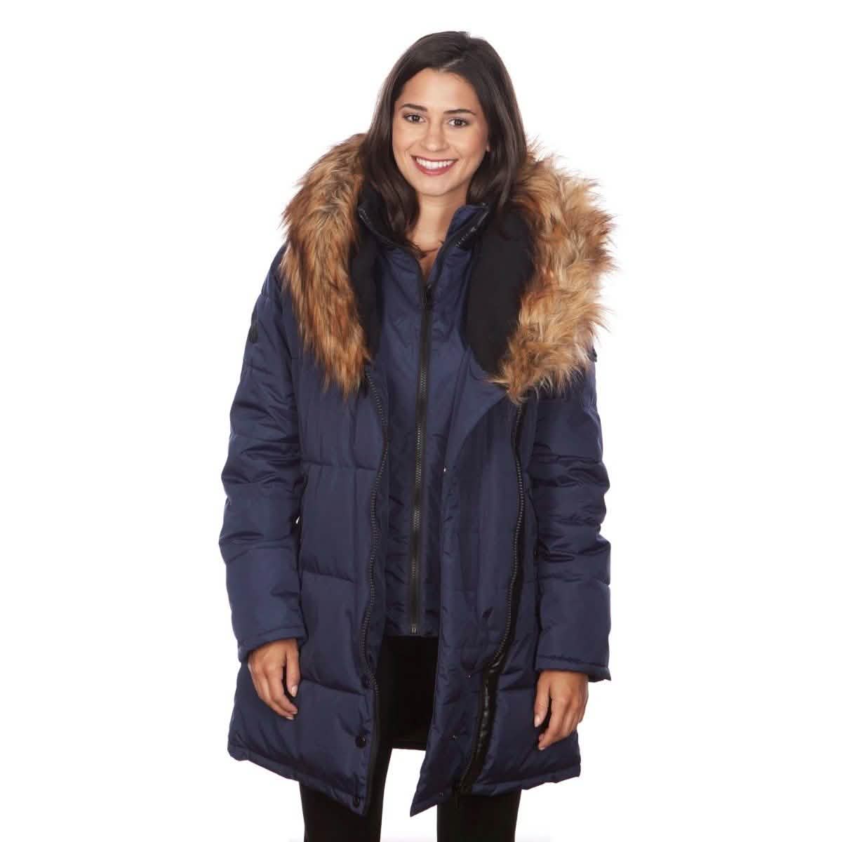 Celsius Women's Faux Fur Hooded Biker Style Puffy Coat - X Navy