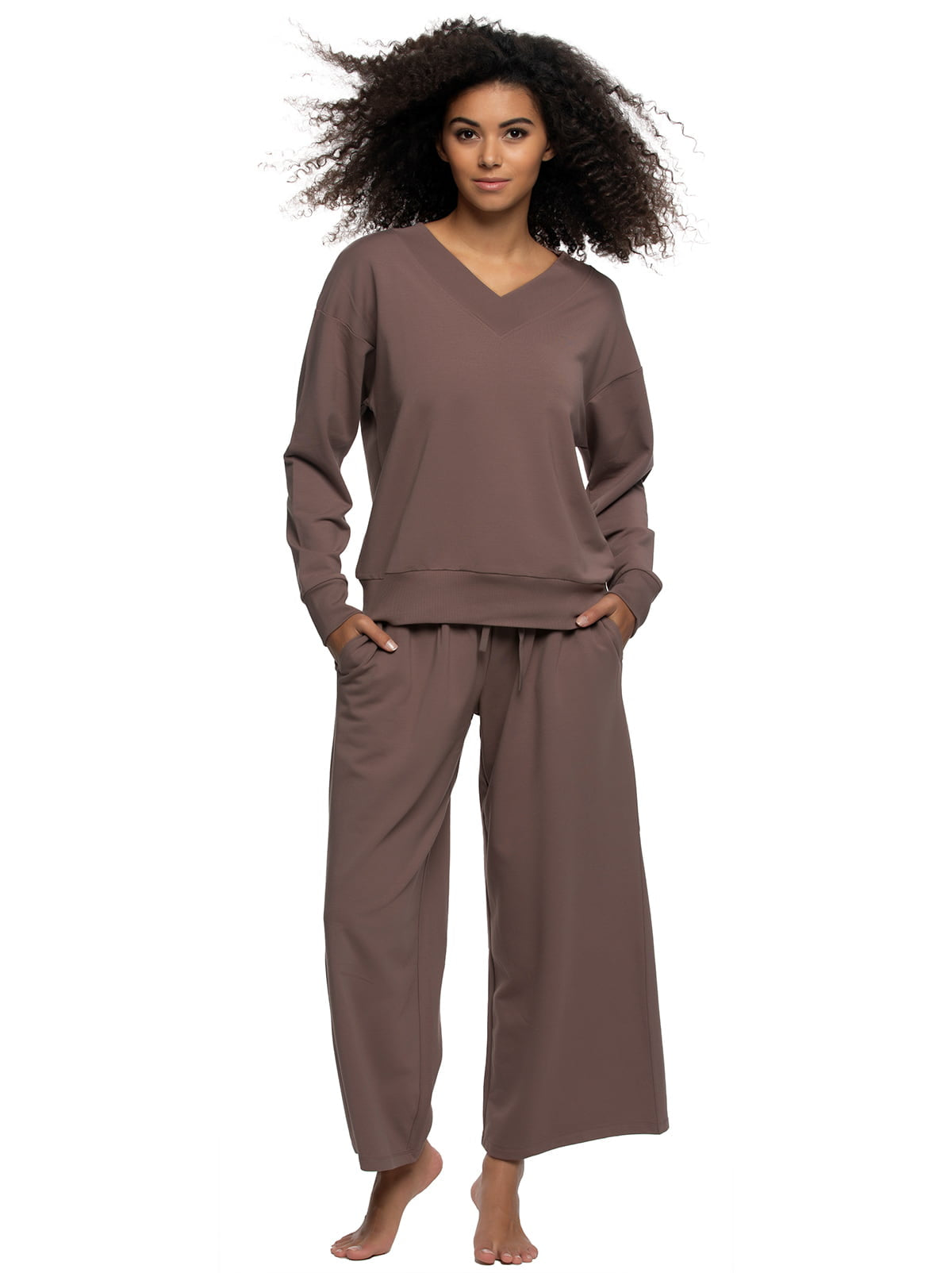 Kimora V-Neck Sweatshirt & Wide Leg Pant, Deep Taupe X