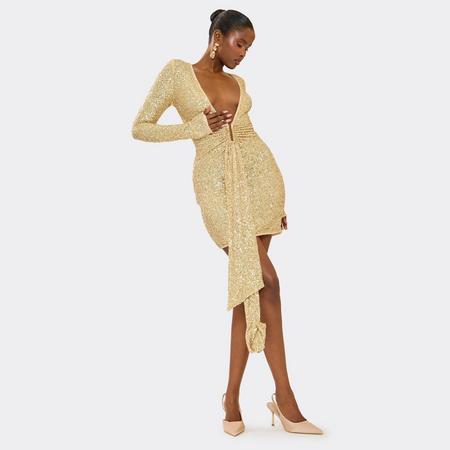 Long Sleeve Plunge Front Draped Detail Mini Dress In Gold Sequin, Women's Size
