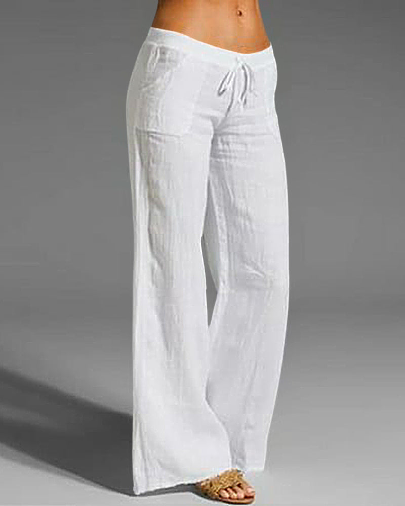 Zeagoo Drawstring Elastic Waist Linen Pants with Pocket Summer Wide Leg Pant Palazzo Trousers - White L-