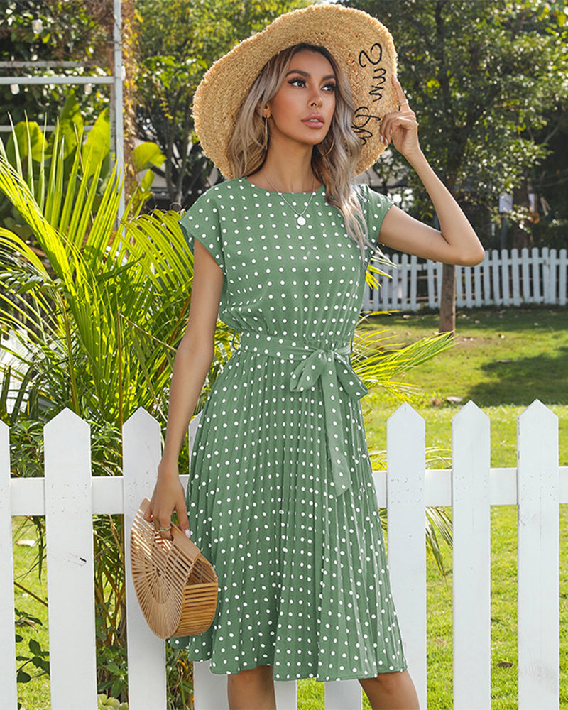 Polka Dot Midi Modest Summer Dress for Women High Waist Short Sleeve with Belt - Light Green S