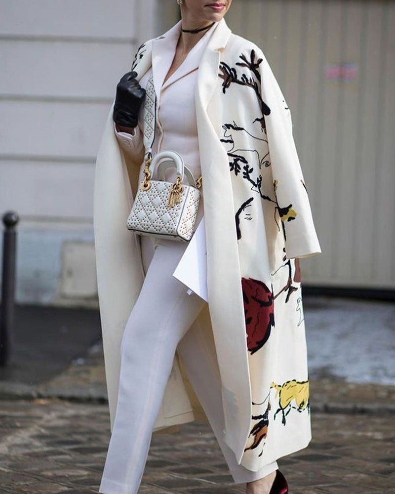 Zeagoo Casual Long Sleeve Lapel Printed Notched Collar Warm Midi Jacket Overcoat - White Print M