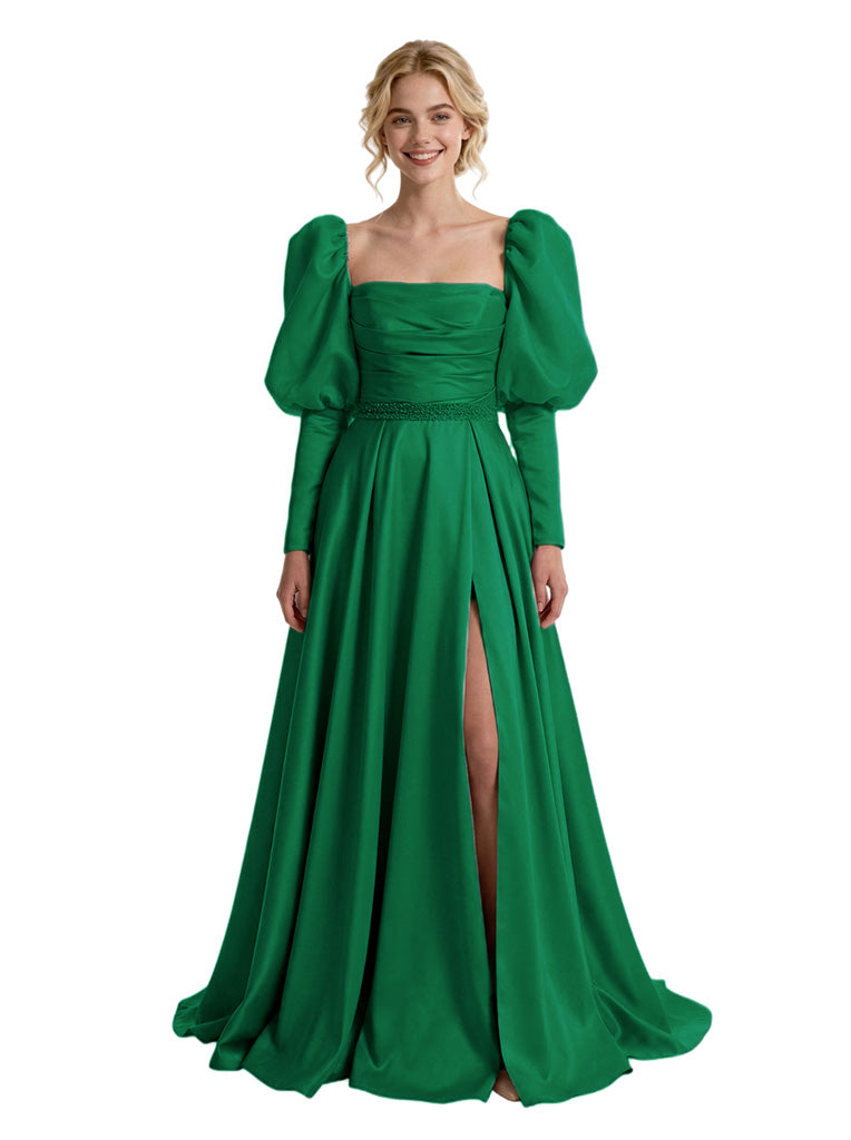 Modern Long A-Line Gown With Ruched Bodice Beaded Waist Classy Square Neck Puff-Sleeve Satin Prom Dress