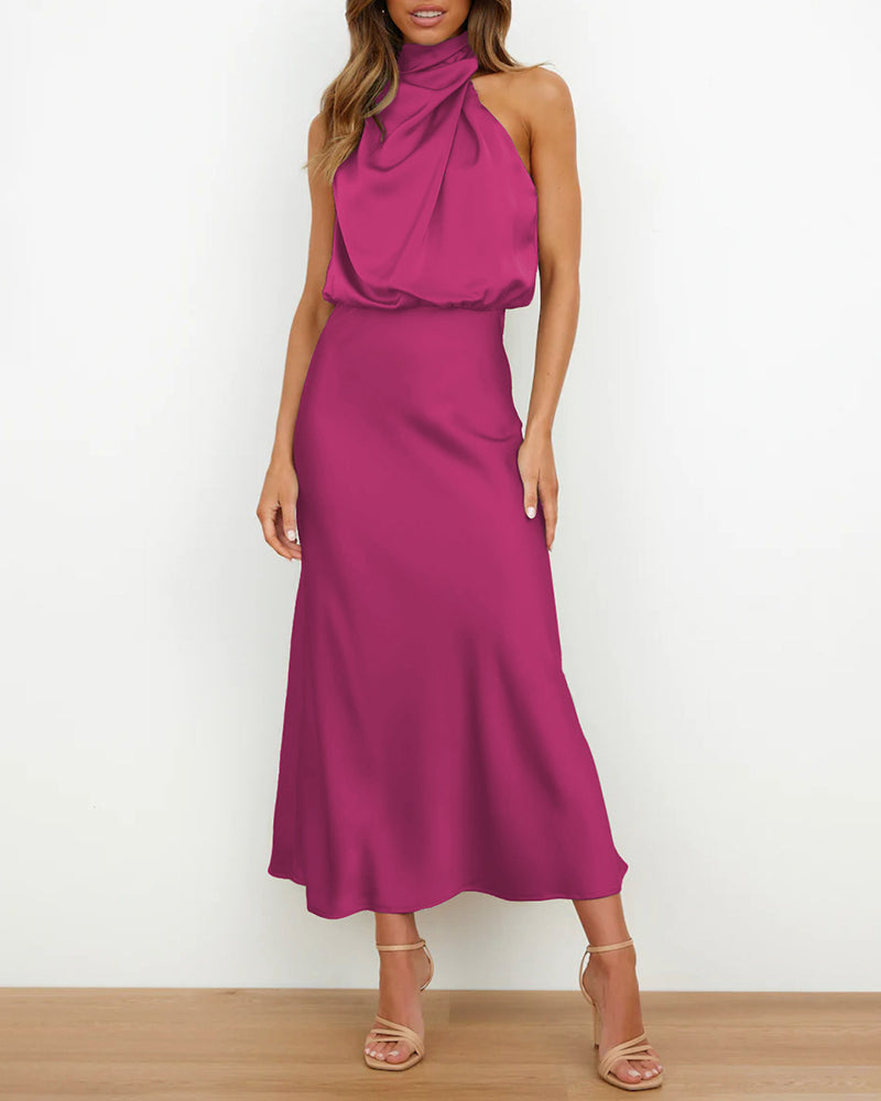 Long Formal Satin Dress Mock Neck High Neck Evening Dress - Rose Red L-