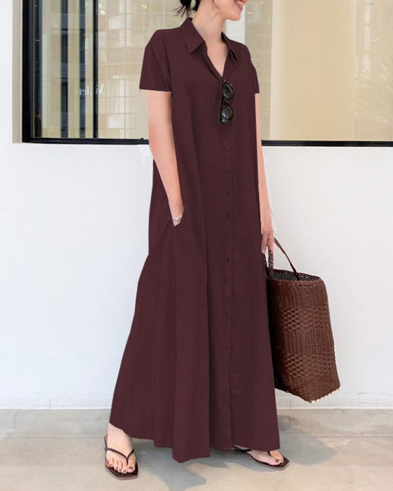 Zeagoo Women's Casual Loose Short Sleeve Beach Dress Solid Color Loose Temperament Long Shirt Dress - Wine Red