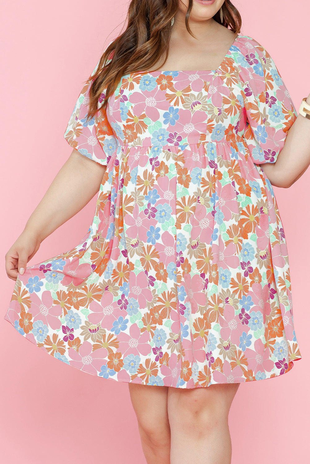 Lea Puff Sleeve Square Neck Plus Babydoll Dress - Multicolour X - W-W