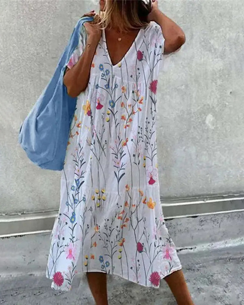 Zeagoo Women's Baggy Floral Print Swing Midi Dress Short Sleeve Casual Beach Sundress - Lake Blue L-