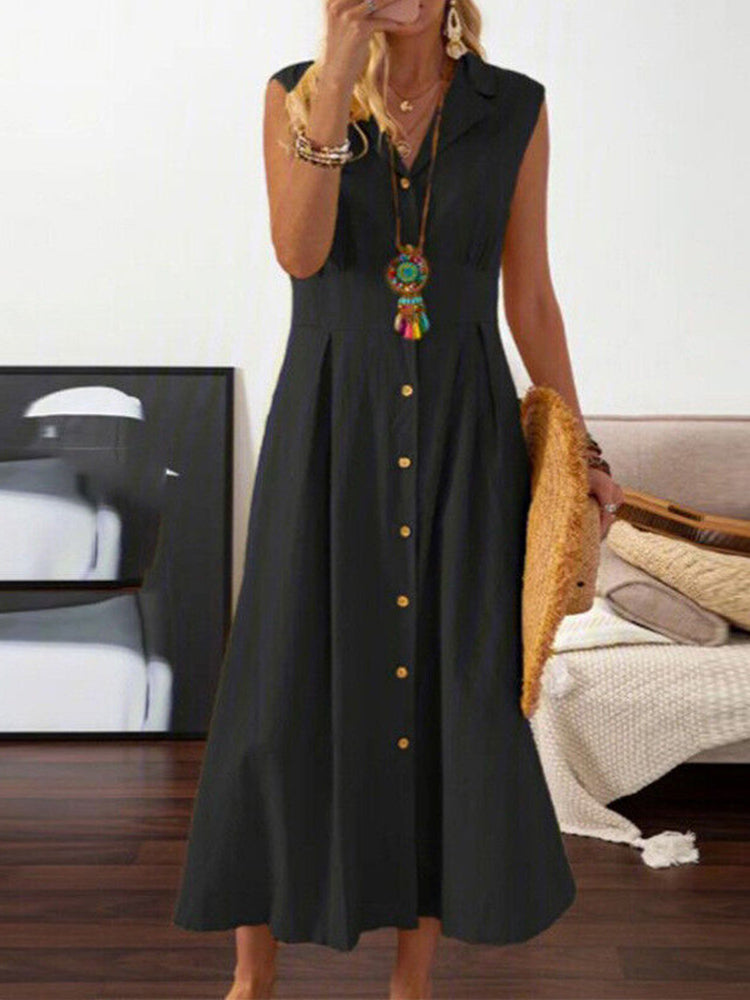 V Neck Lapel Button Down Maxi Dress Sleeveless Casual Beach Long A Line Shirt Sundress - Black L-