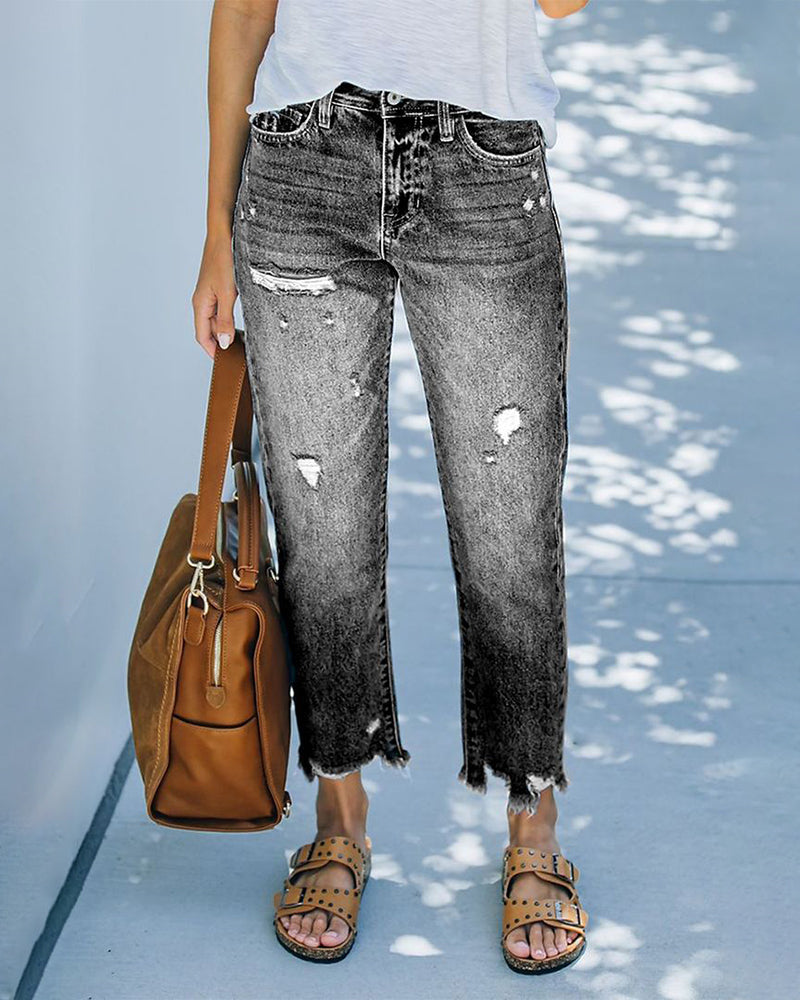 High Waisted Straight Leg Ripped Boyfriend Jeans Frayed Ankle Denim Pants - Black