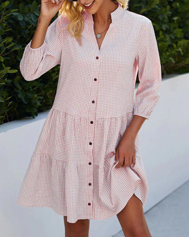 Plaid Print Shirt Dresses Button Up Split Neck Tunic Dress - Pink L-