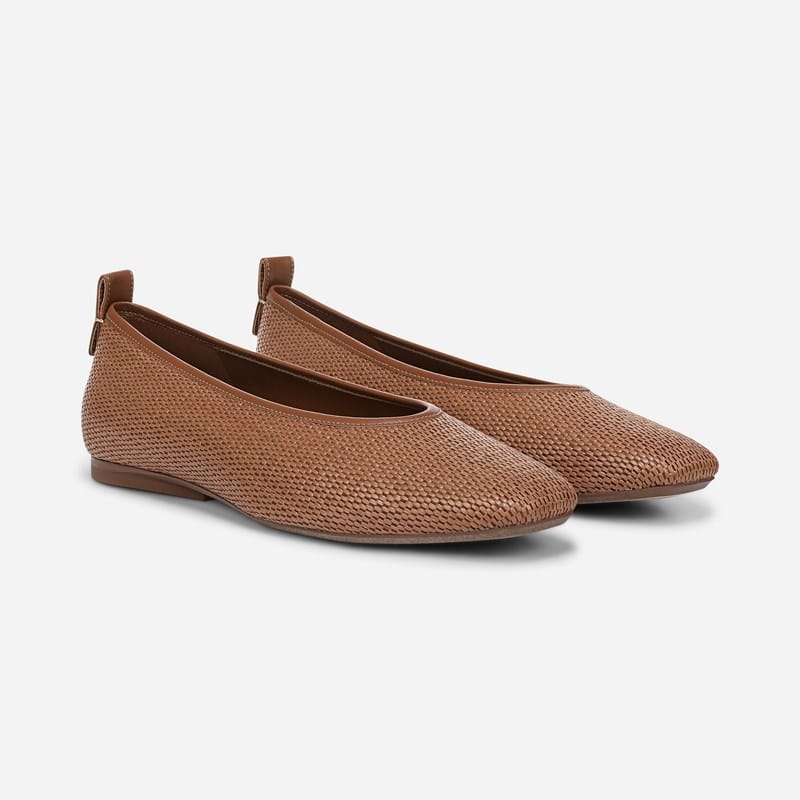 EDIT Carla Ballet Flat Shoes, Walnut Brown Faux Raffia Leather, .M Slip-On Fit, Rubber Outsole