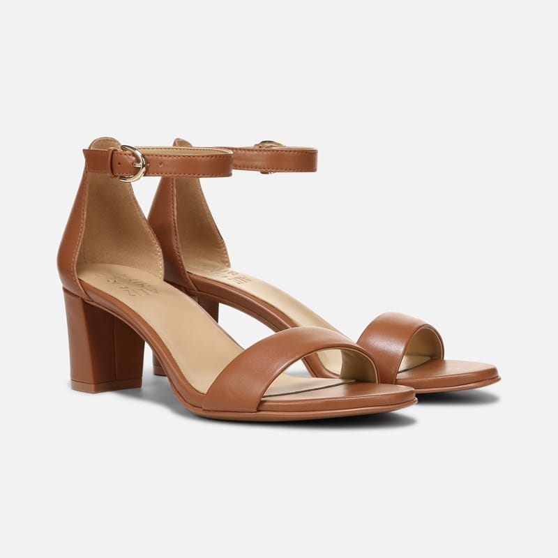 Naturalizer Vera Dress Sandals, English Tea Leather Satin, .W Almond Toe, Block Heels