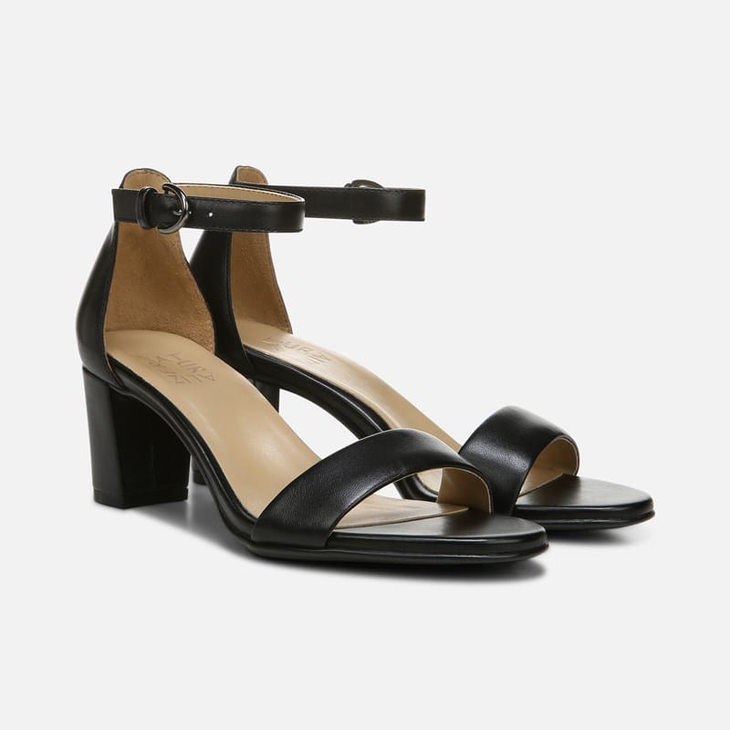 Naturalizer Vera Dress Sandals, Black Leather Satin, .M Almond Toe, Block Heels
