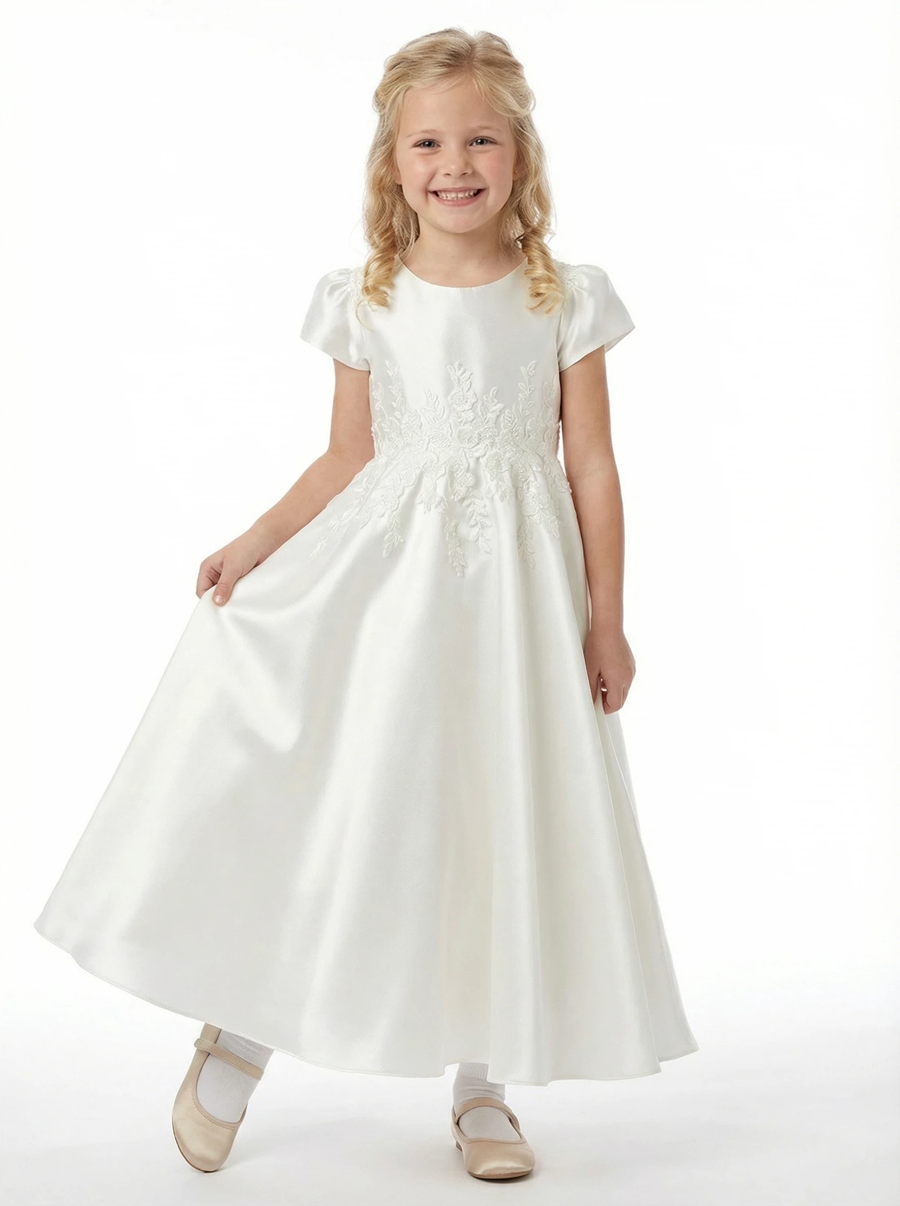 Elegant Flower Girl Dress Round Neck Puff Short Sleeve A-Line Satin Gown with Floral Embroidery - Custom Colorleaving a note