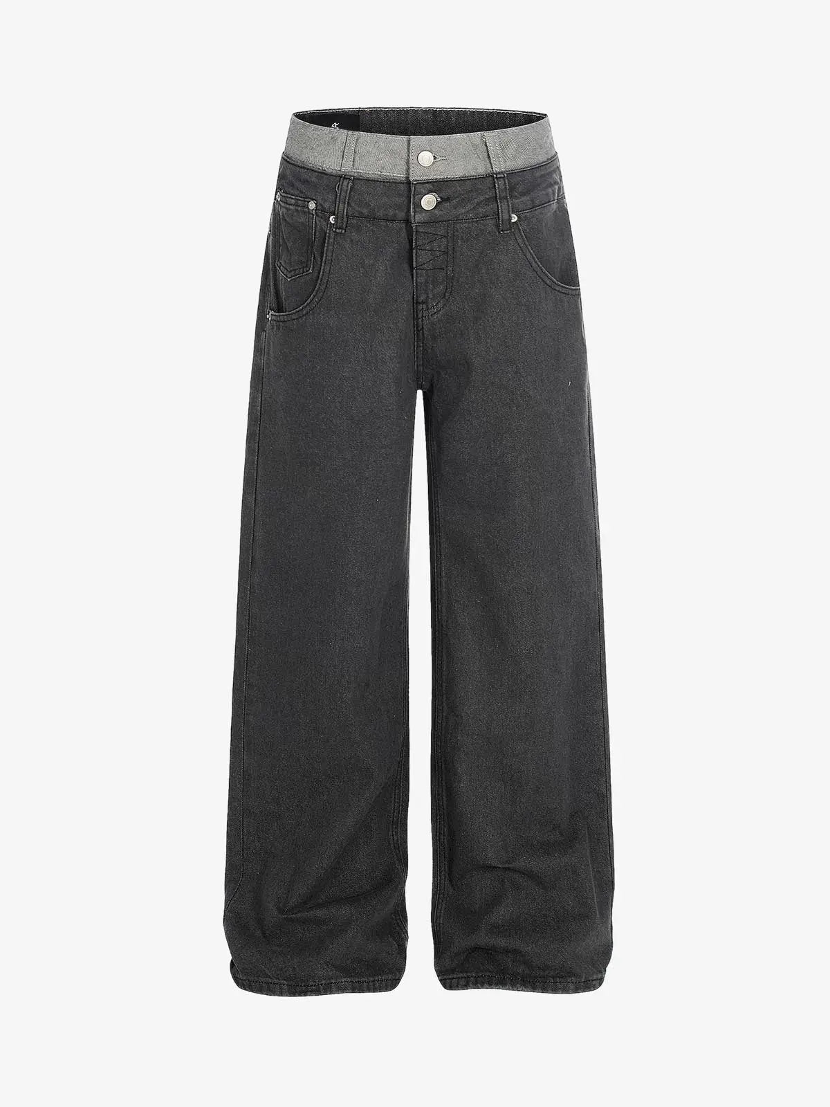 Vintage Washed Layered Waist Wide Leg Denim Jeans