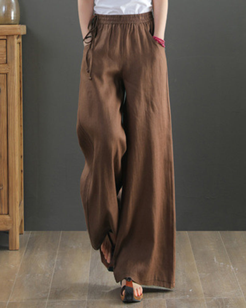 High Waisted Cotton Linen Palazzo Pants Wide Leg Long Pant Trousers - Brown