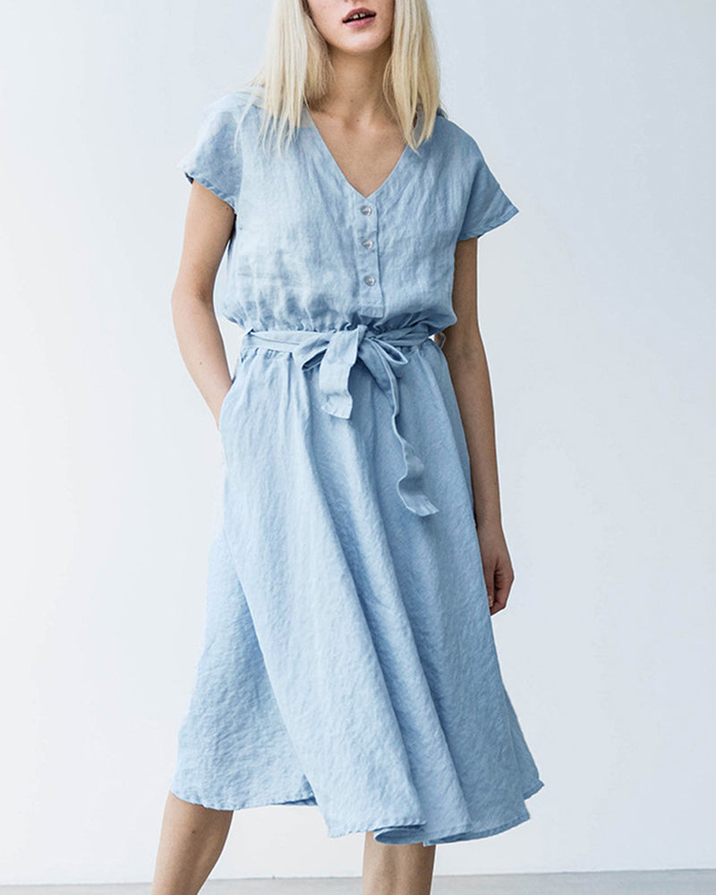 Summer Short Sleeve Button Holiday Party Dress Shirt Dress - Blue L-