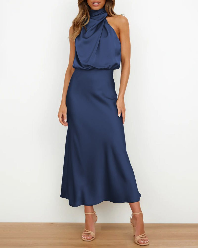 Long Formal Satin Dress Mock Neck High Neck Evening Dress - Navy blue M