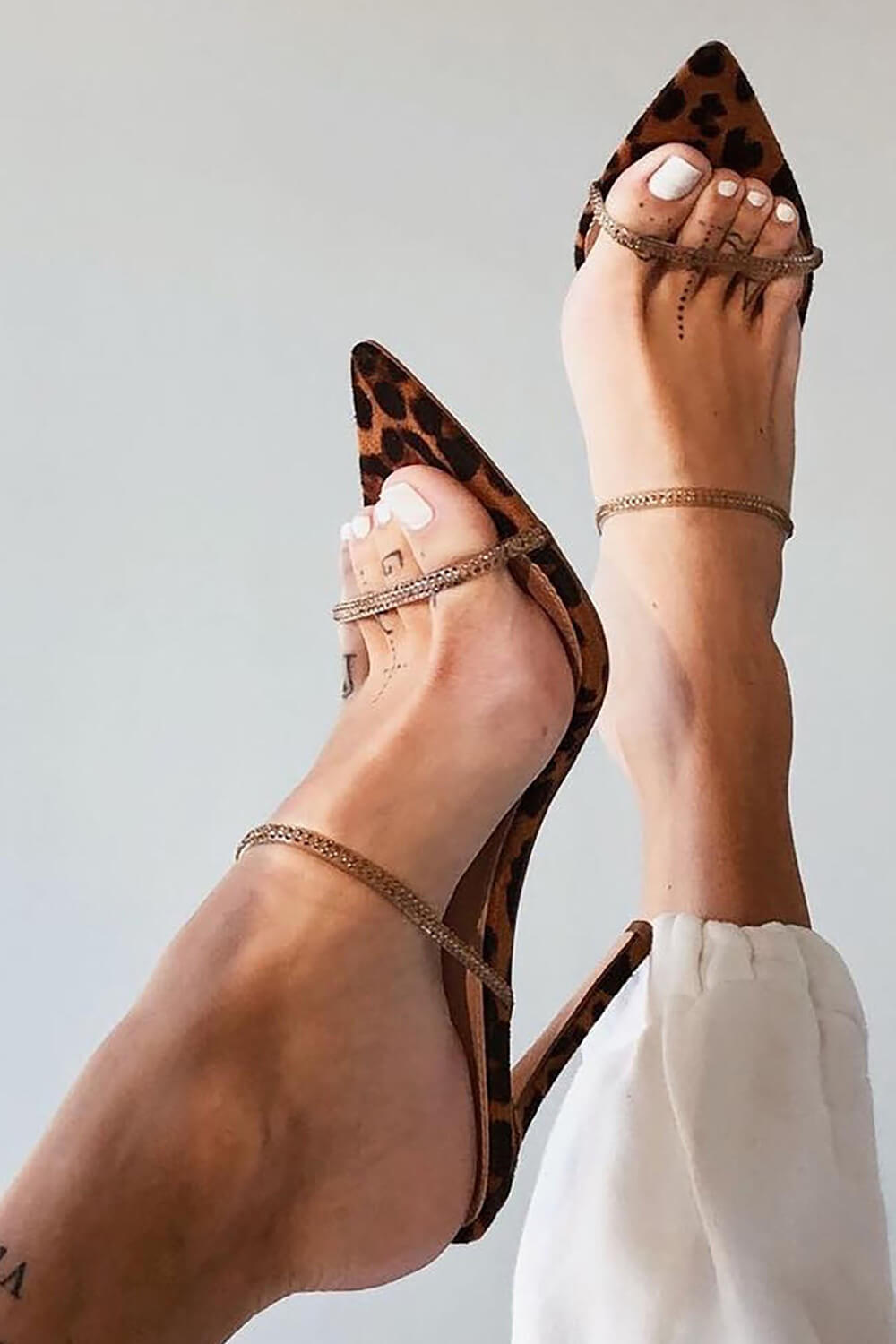 Leopard Pointed Toe Slip-On Stiletto Heeled Sandals With Rhinestone Straps -