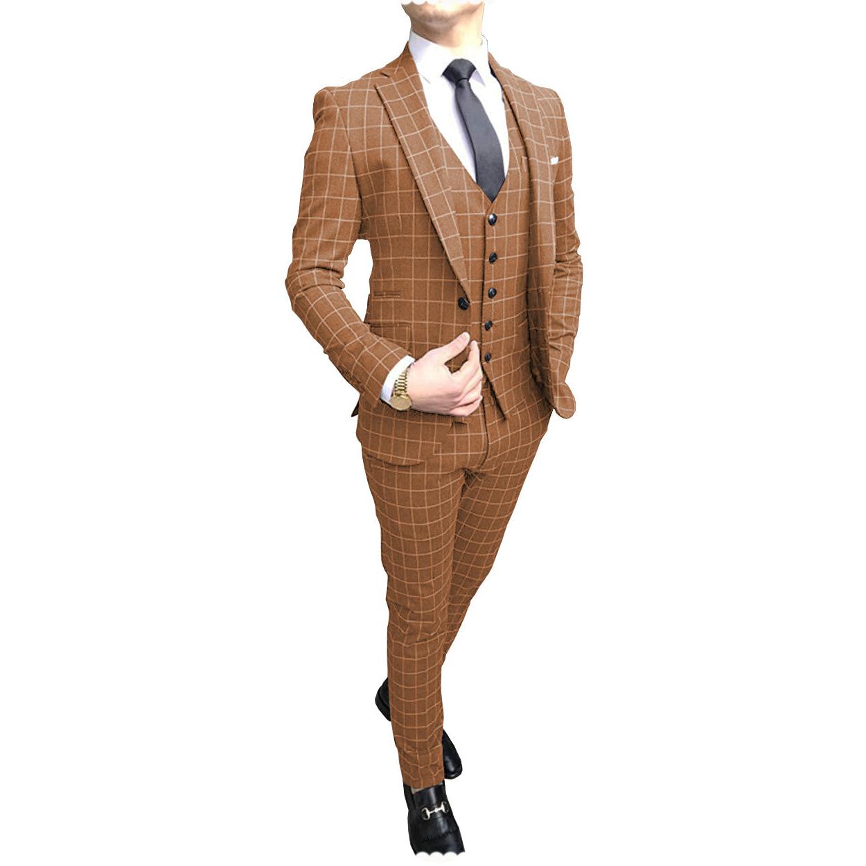 Menseventwear Formal Mens Suit Notch Lapel Blazer Plaid Pieces Blazer+vest+Pants