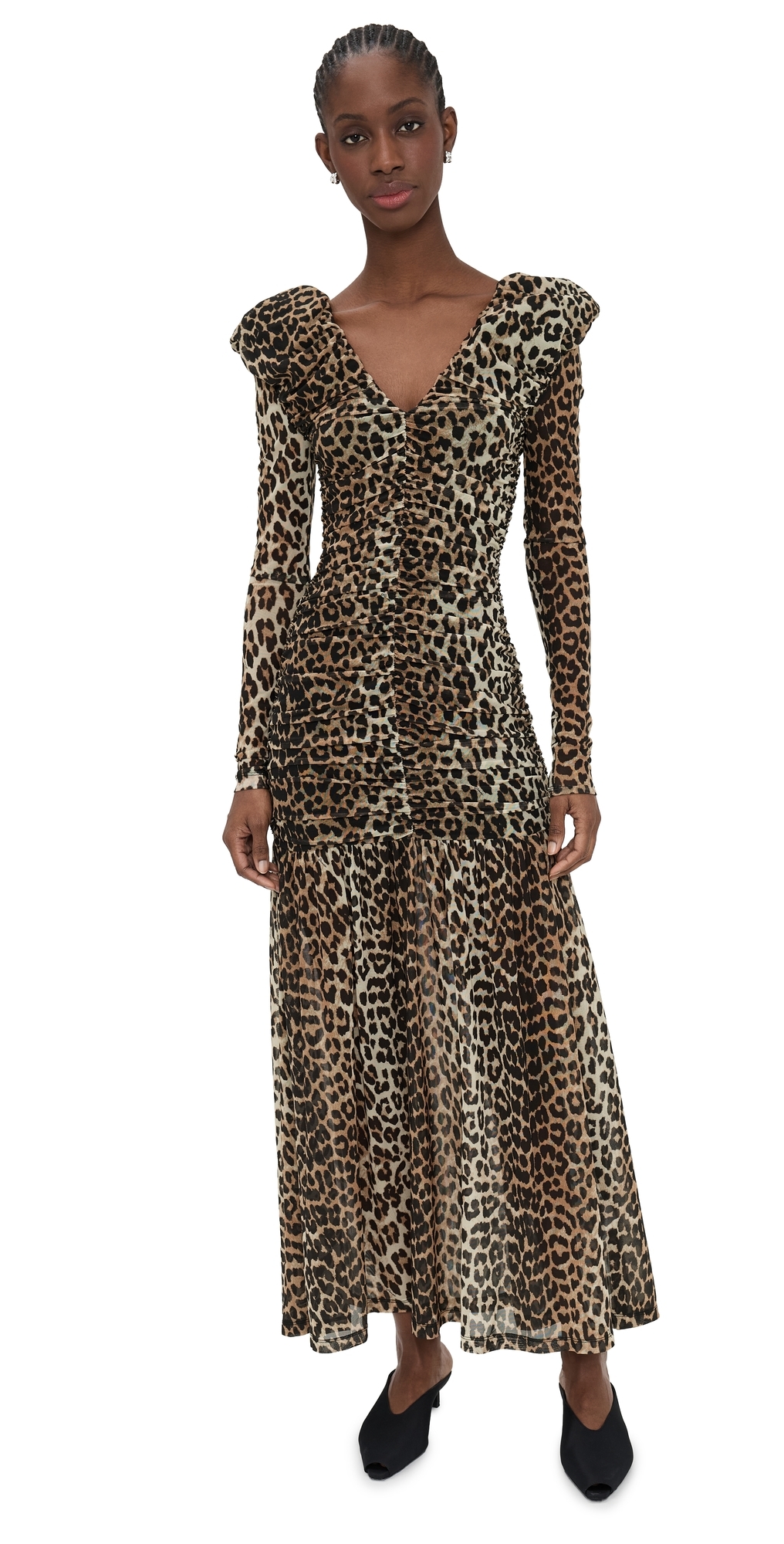 GANNI Printed Mesh Long Ruched Dress Big Leopard Almond Milk