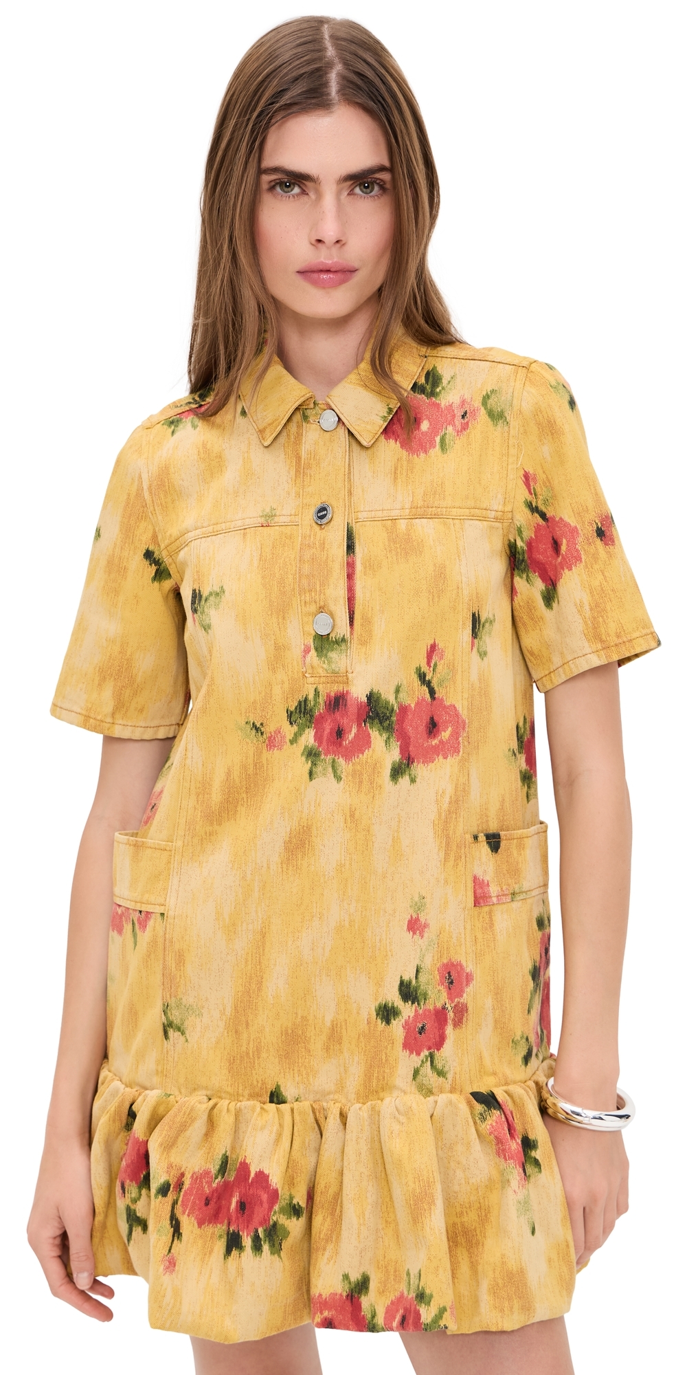 GANNI Print Peplum Mini Dress Vibrant Yellow