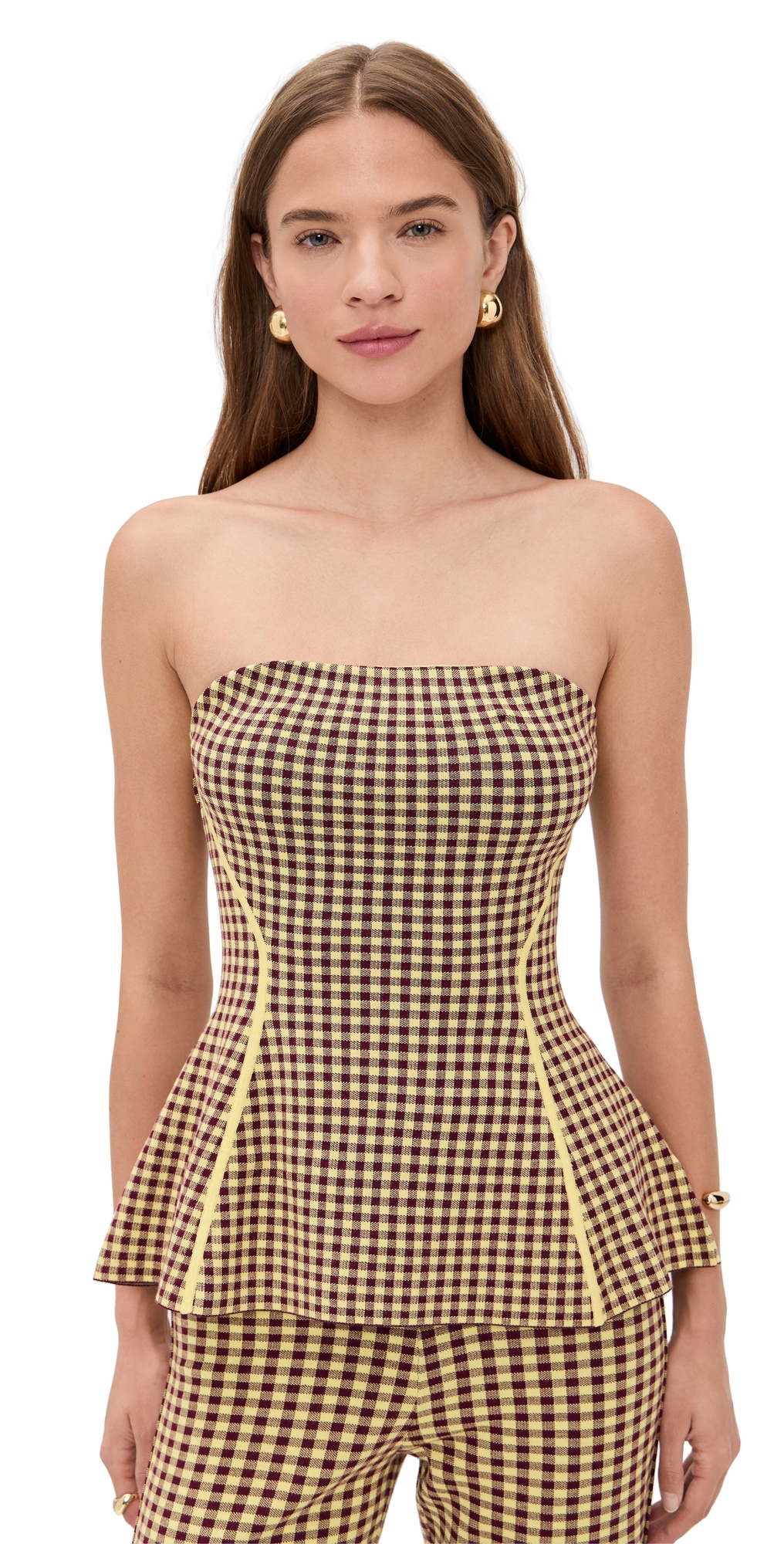 LE BOP Gingham Strapless Peplum Top BurgundyCitrine