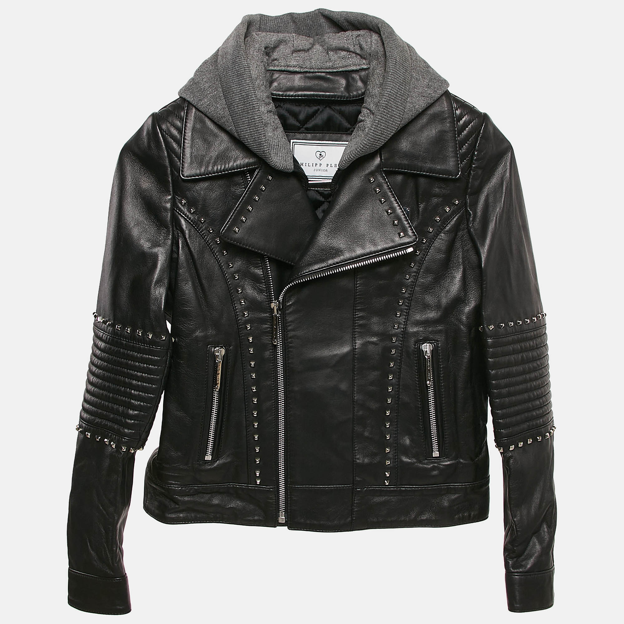 : Philipp Plein Junior Black Studded Leather Detachable Hood Biker Jacket Yrs