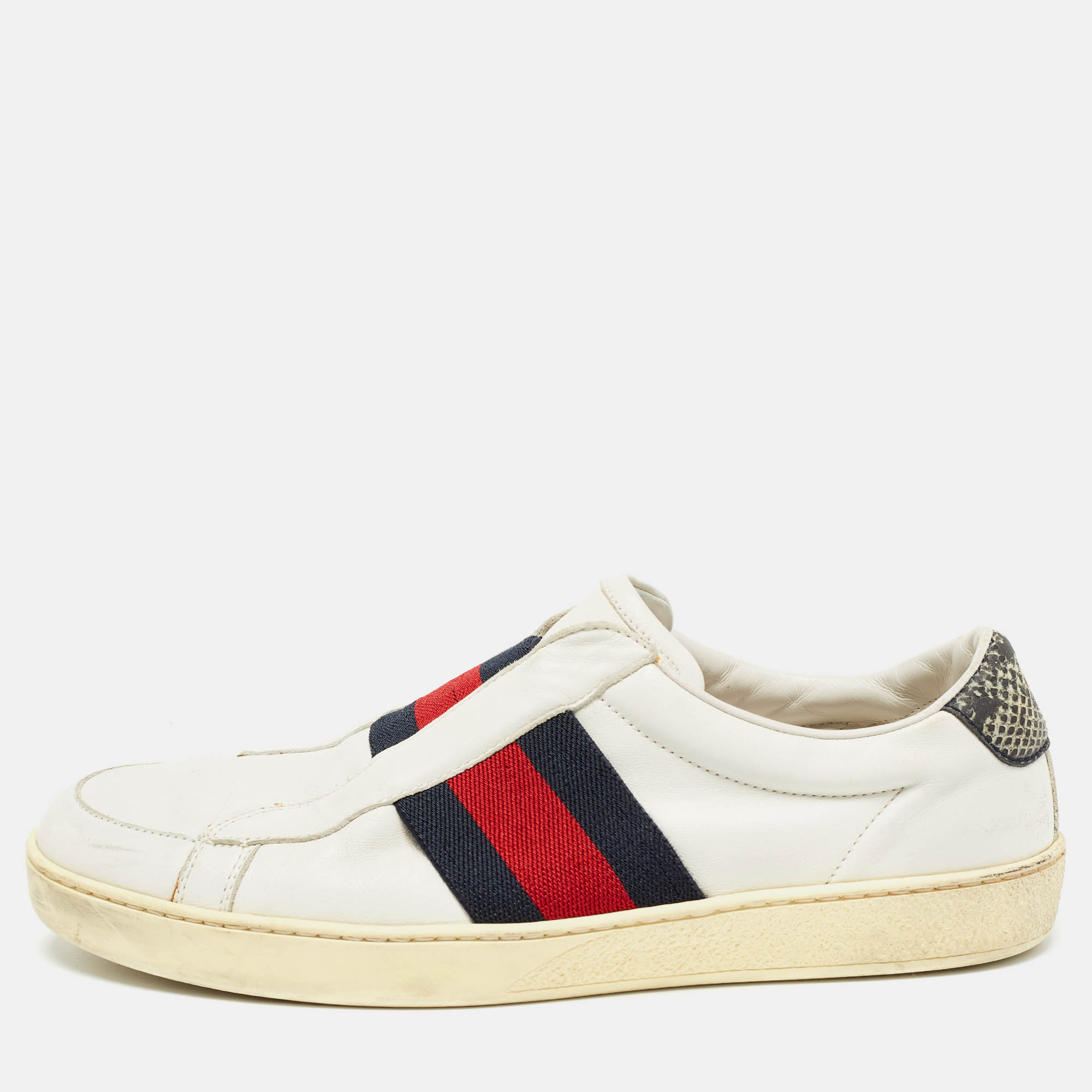Gucci White Leather Web Ace Slip On Sneakers