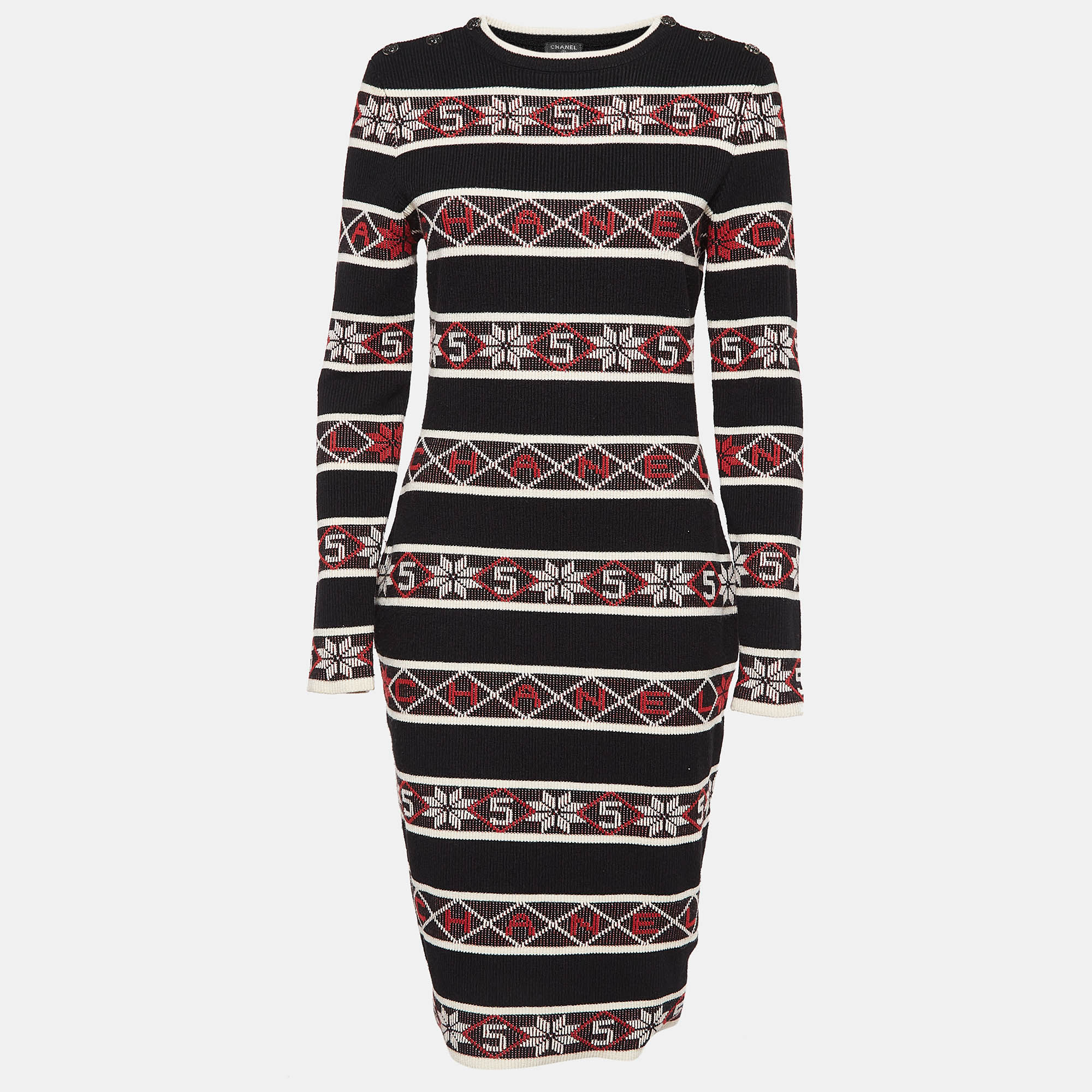 Chanel Black Stipe Pattern Rib Knit Bodycon Dress
