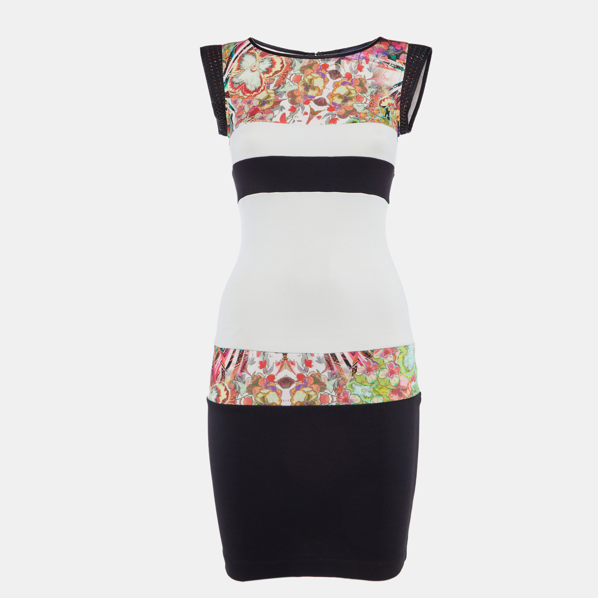 Class by Roberto Cavalli Black White Floral Print Jersey Mesh Detail Mini Dress