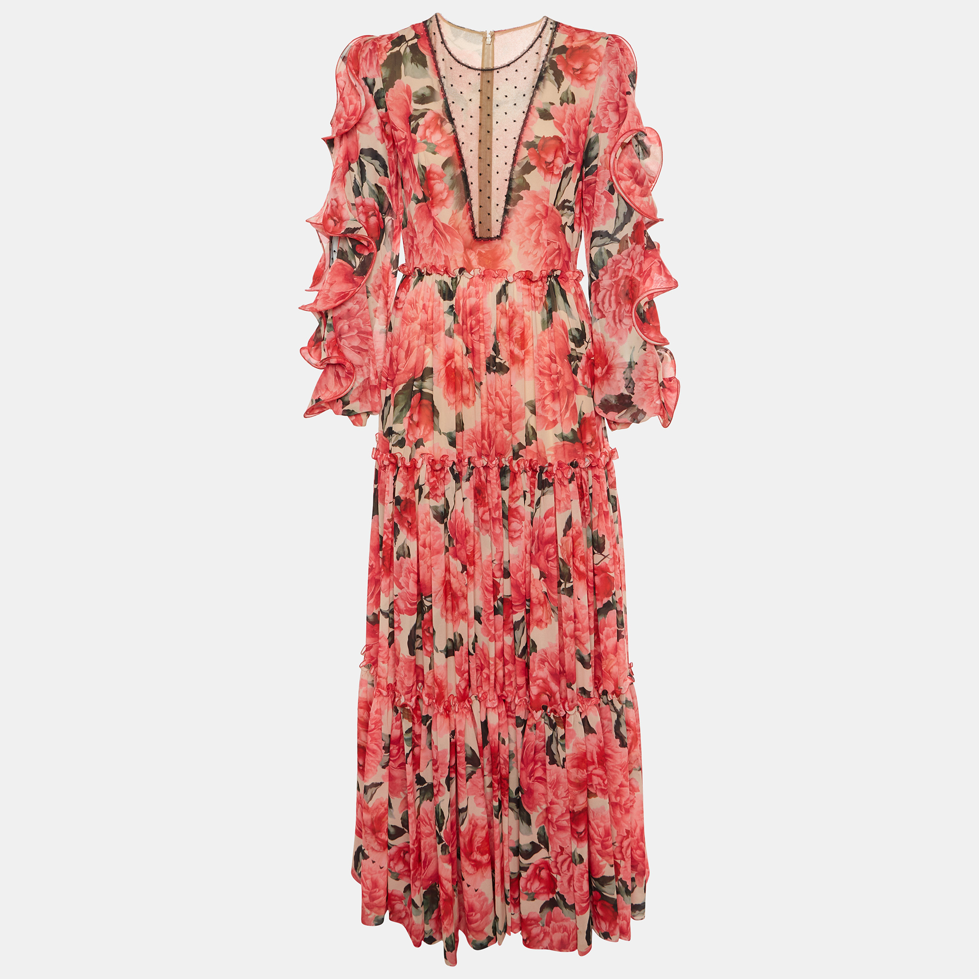 Costarellos Red Floral Print Chiffon Tiered Maxi Dress