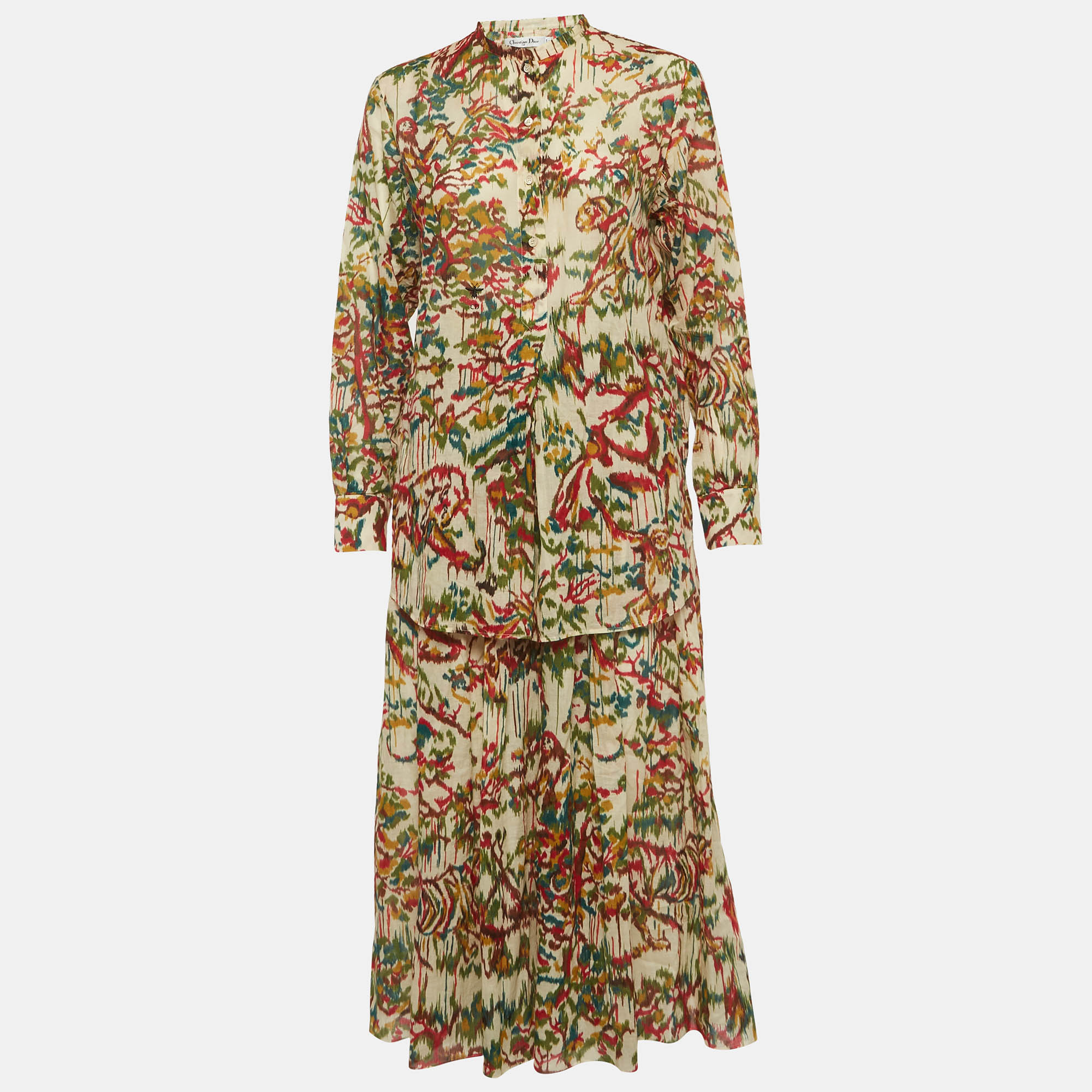 Dior Multicolour Floral Print Cotton Shirt and Midi Skirt Suit