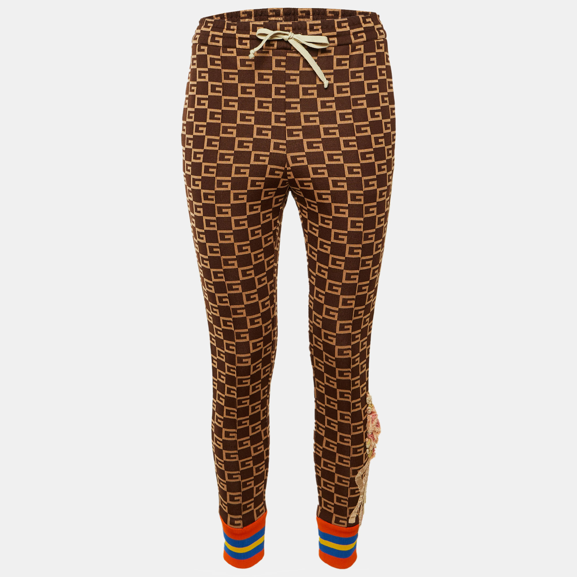 Gucci Brown Monogram Knit Side Stripe & Applique Detail Joggers