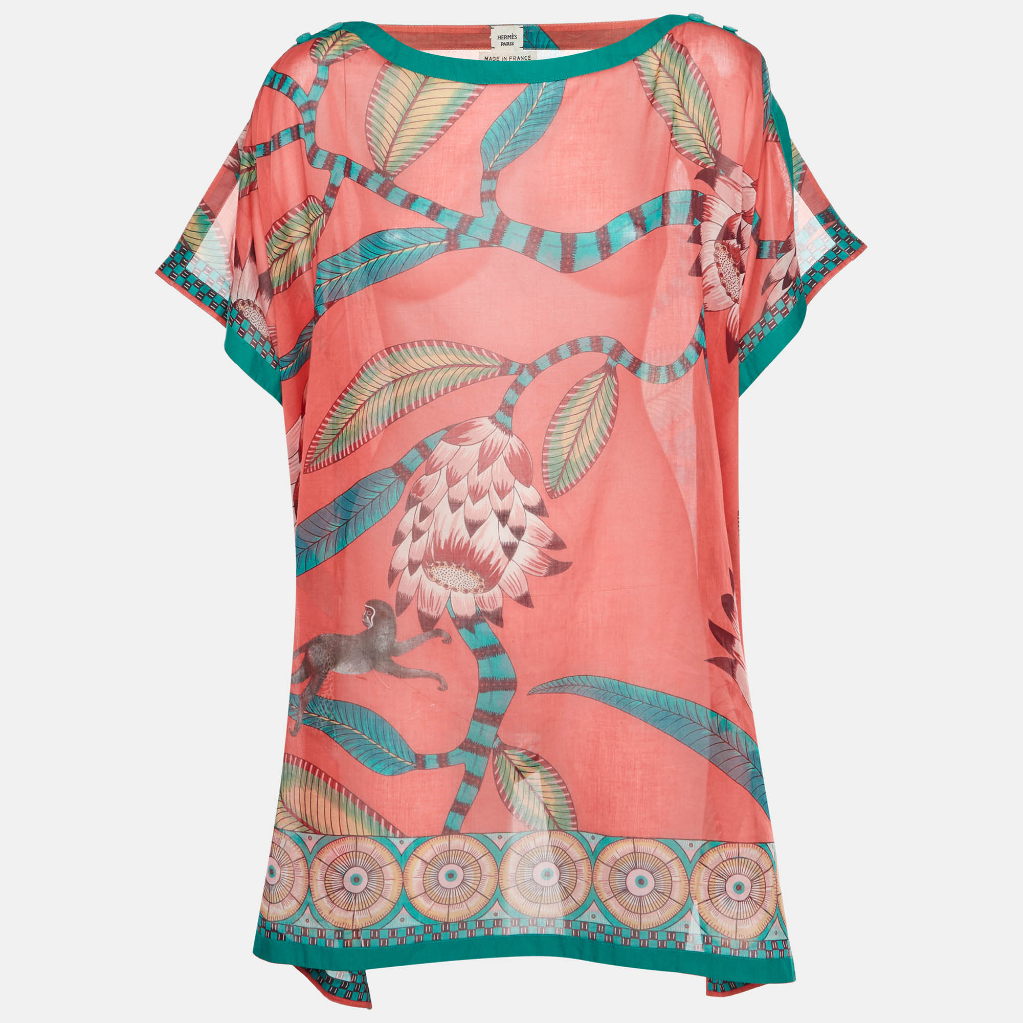 Hermes Pink Maharani's Garden Print Sheer Cotton Kaftan Dress One